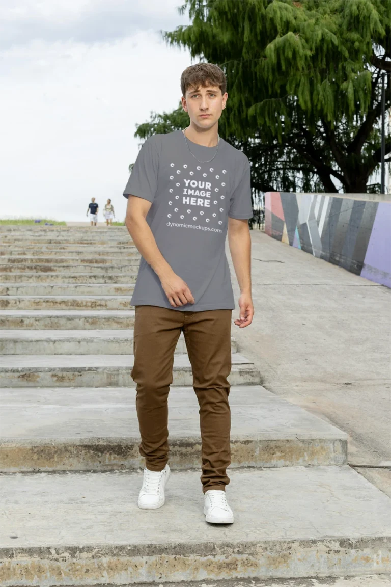 Man Wearing Gray T-shirt Mockup Front View Template