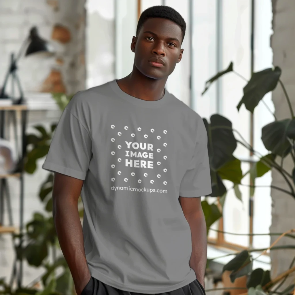 Man Wearing Gray T-shirt Mockup Front View Template