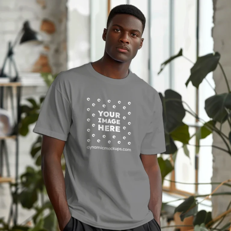 Man Wearing Gray T-shirt Mockup Front View Template