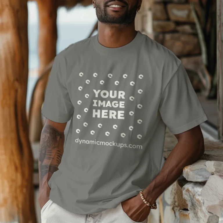 Man Wearing Gray T-shirt Mockup Front View Template
