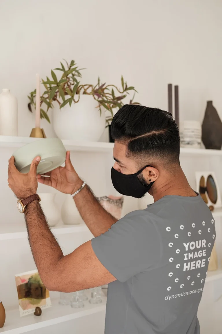 Man Wearing Gray T-shirt Mockup Back View Template