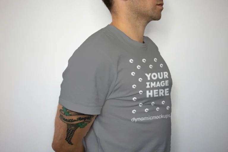 Man Wearing Gray T-shirt Mockup Front View Template