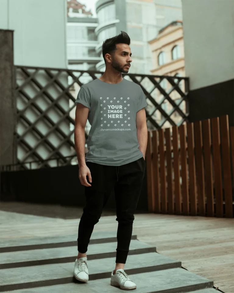 Man Wearing Gray T-shirt Mockup Front View Template