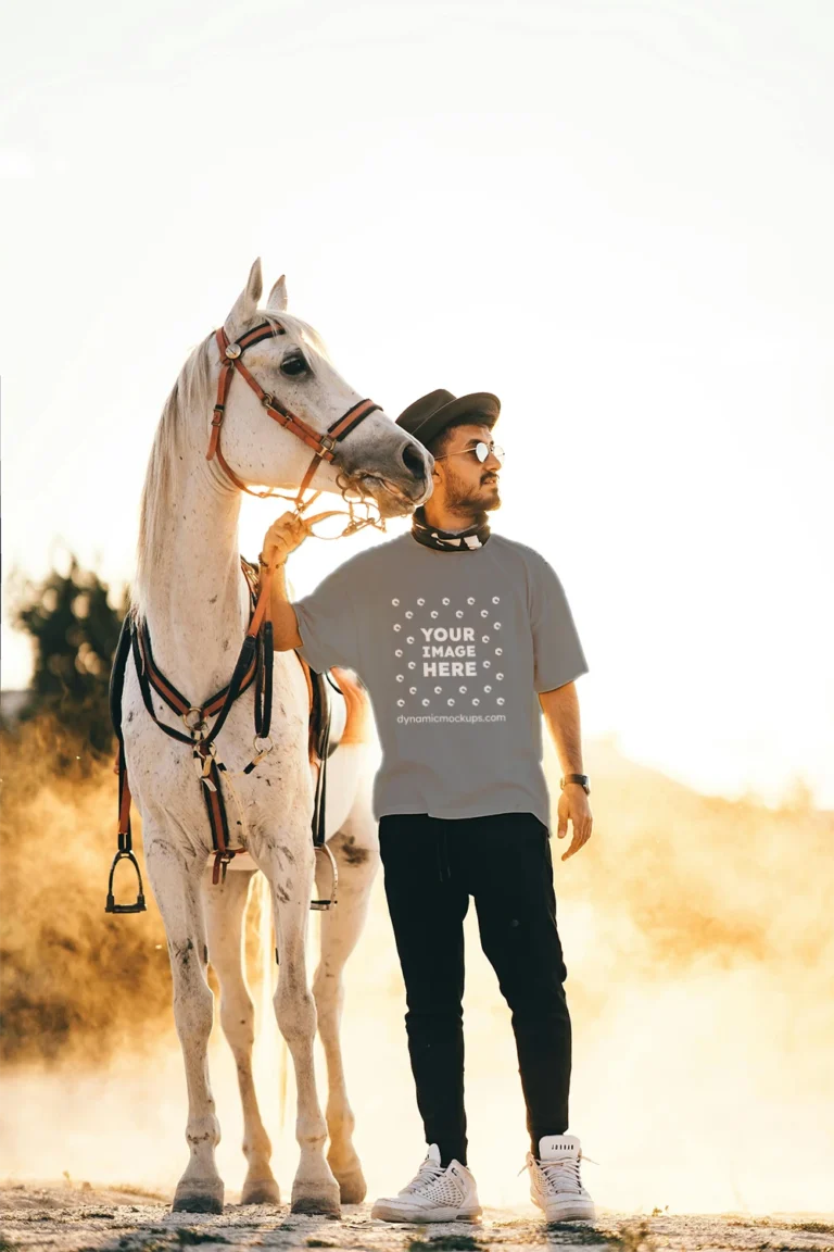 Man Wearing Gray T-shirt Mockup Front View Template