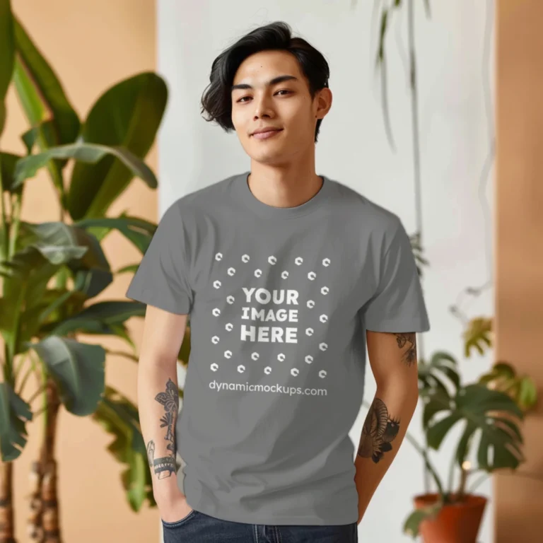 Man Wearing Gray T-shirt Mockup Front View Template