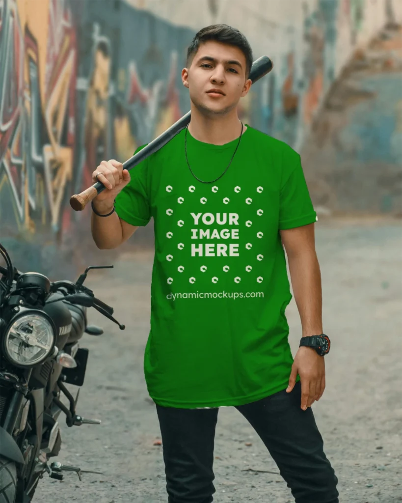 Man Wearing Green T-shirt Mockup Front View Template