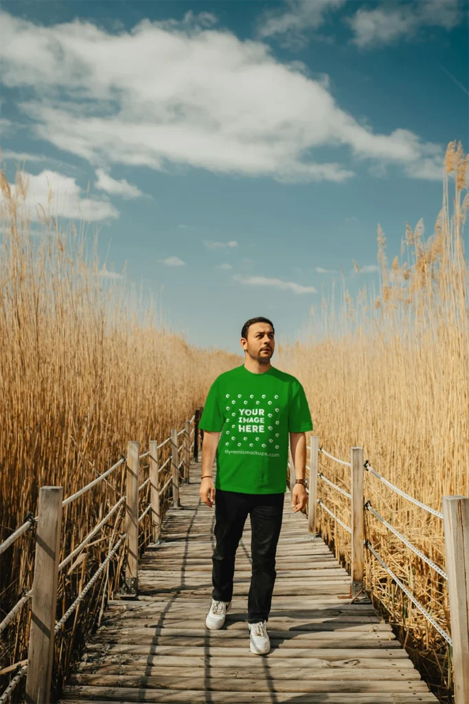 Man Wearing Green T-shirt Mockup Front View Template