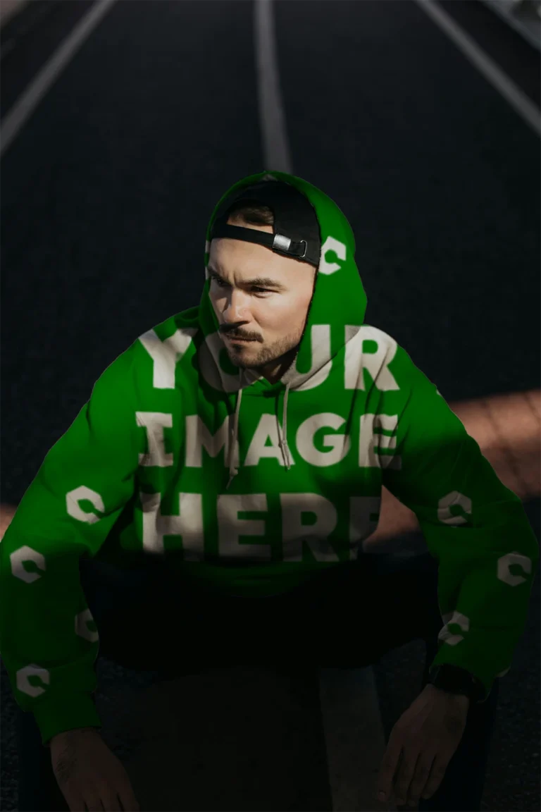 Man Wearing Green Hoodie Mockup Front View Template