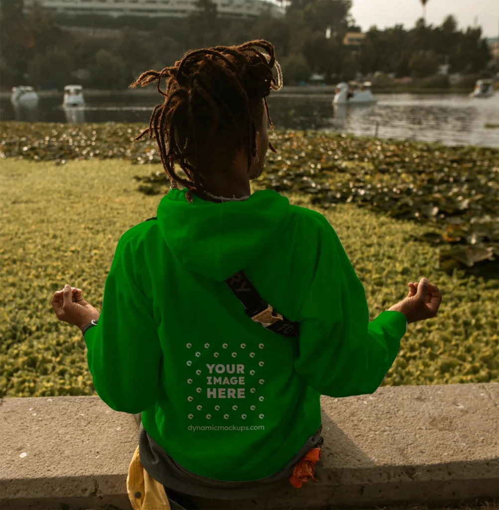 Man Wearing Green Hoodie Mockup Back View Template