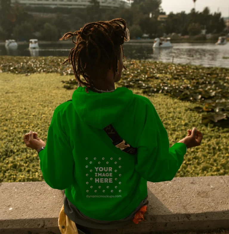Man Wearing Green Hoodie Mockup Back View Template