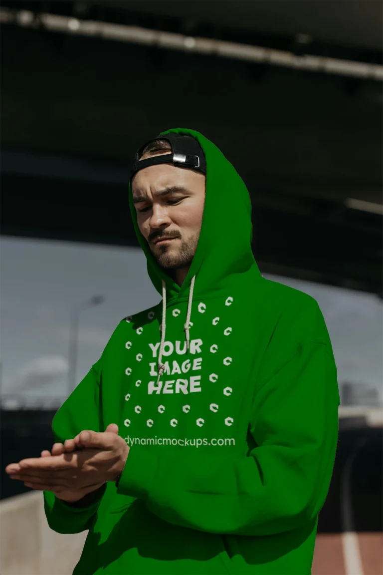 Man Wearing Green Hoodie Mockup Front View Template
