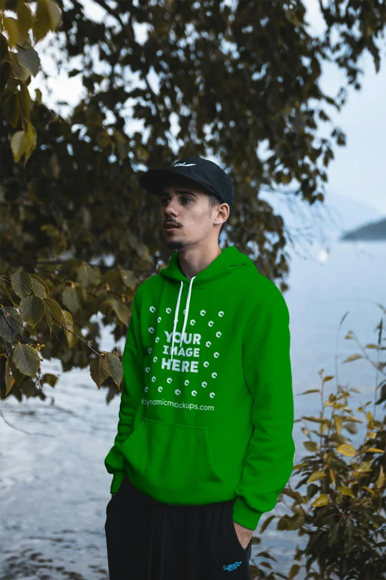 Man Wearing Green Hoodie Mockup Front View Template