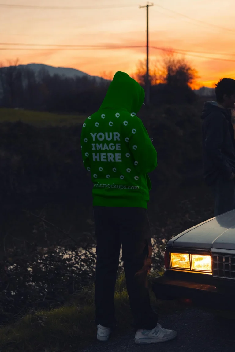 Man Wearing Green Hoodie Mockup Back View Template