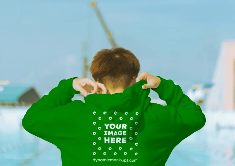 Man Wearing Green Hoodie Mockup Back View Template
