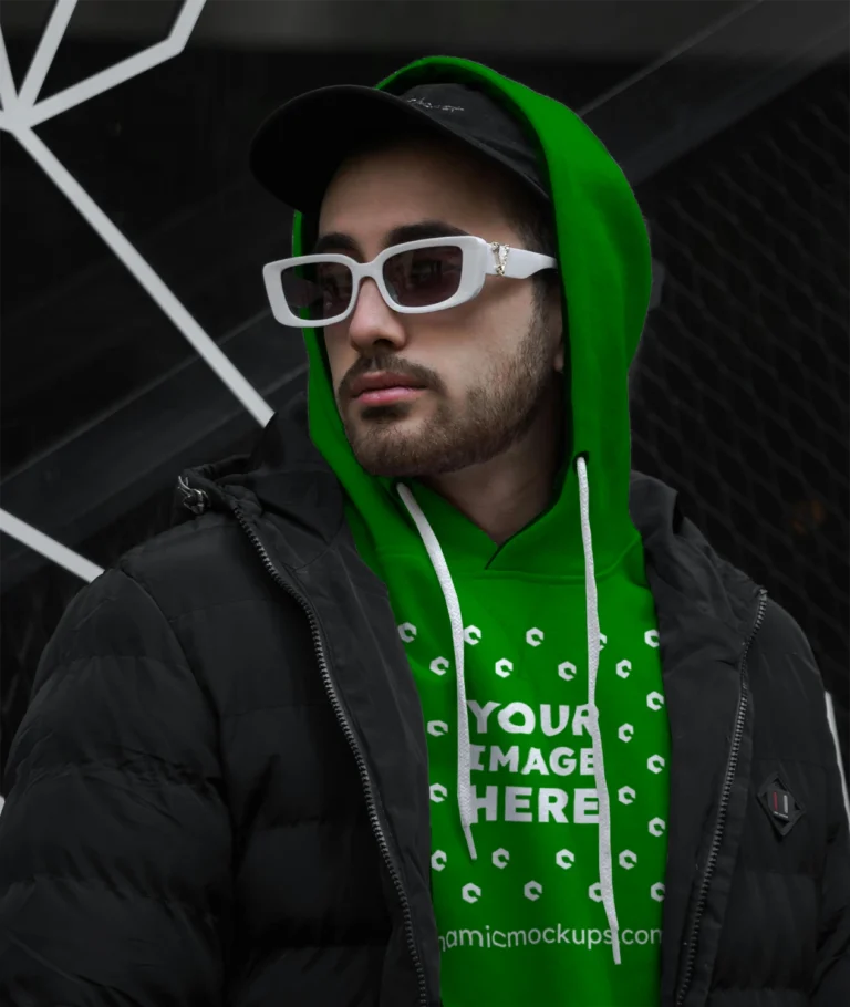 Man Wearing Green Hoodie Mockup Front View Template