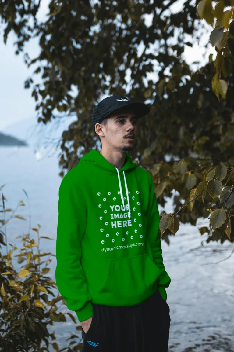 Man Wearing Green Hoodie Mockup Front View Template
