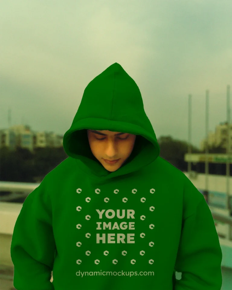 Man Wearing Green Hoodie Mockup Front View Template