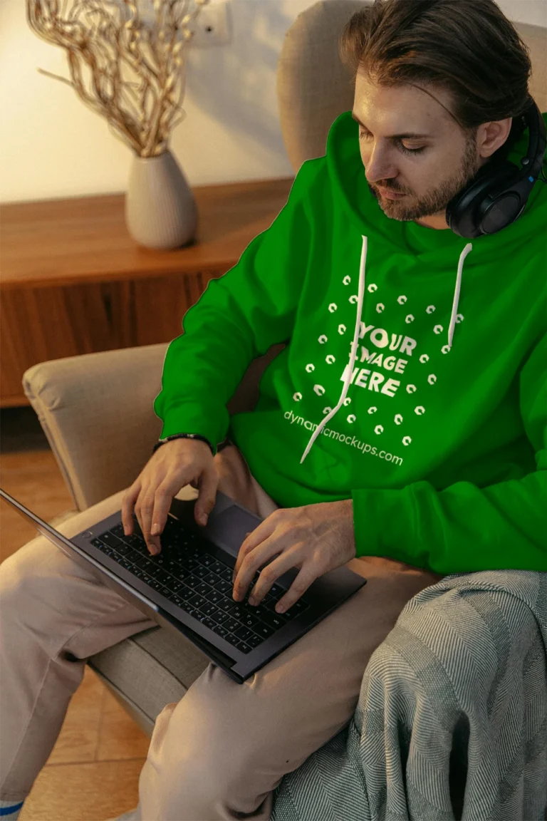 Man Wearing Green Hoodie Mockup Front View Template