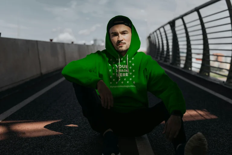 Man Wearing Green Hoodie Mockup Front View Template
