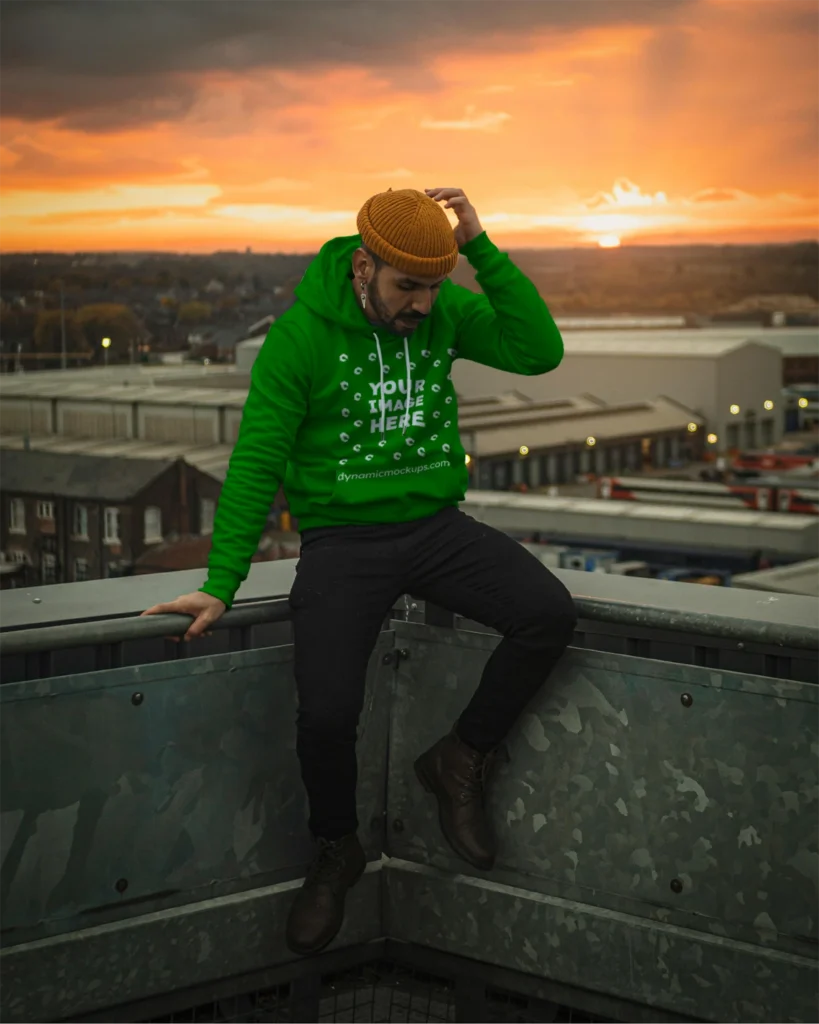 Man Wearing Green Hoodie Mockup Front View Template