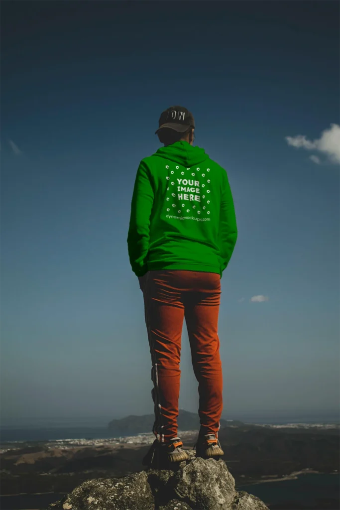 Man Wearing Green Hoodie Mockup Back View Template