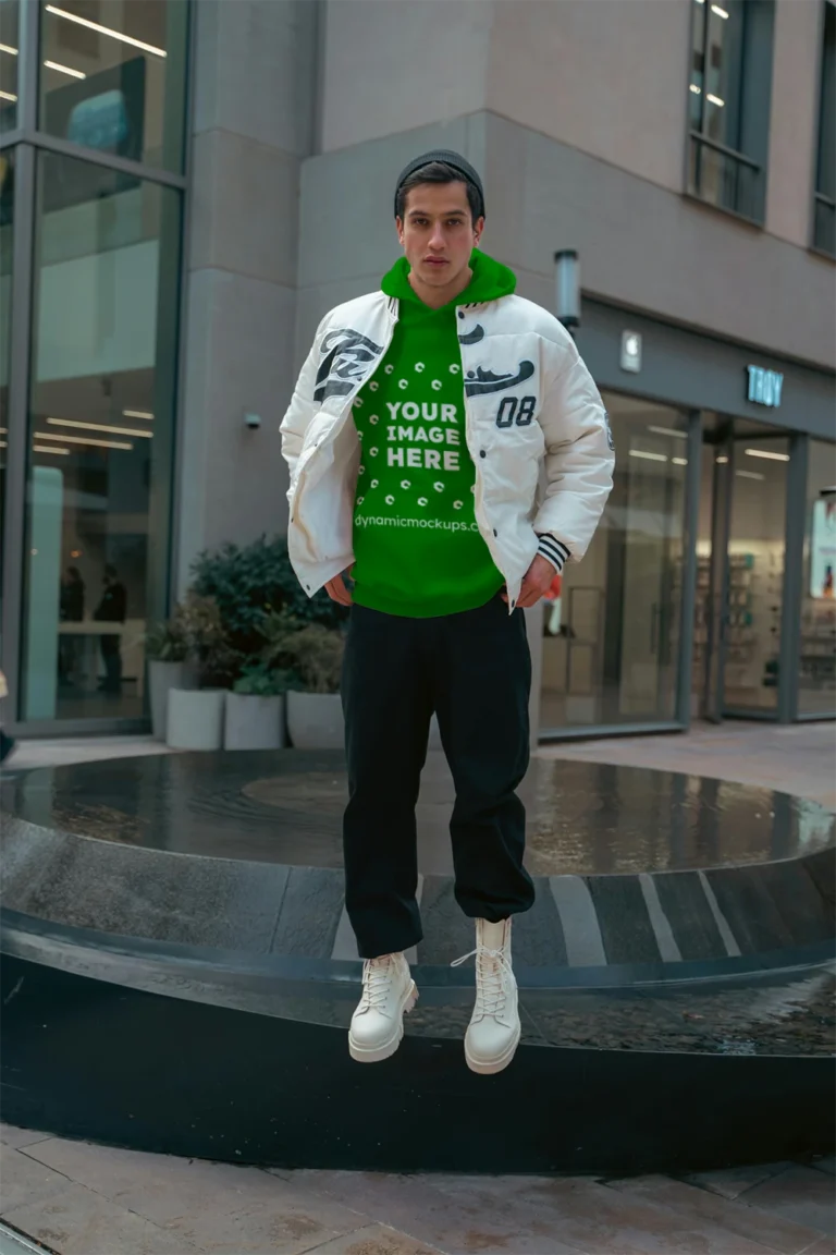 Man Wearing Green Hoodie Mockup Front View Template