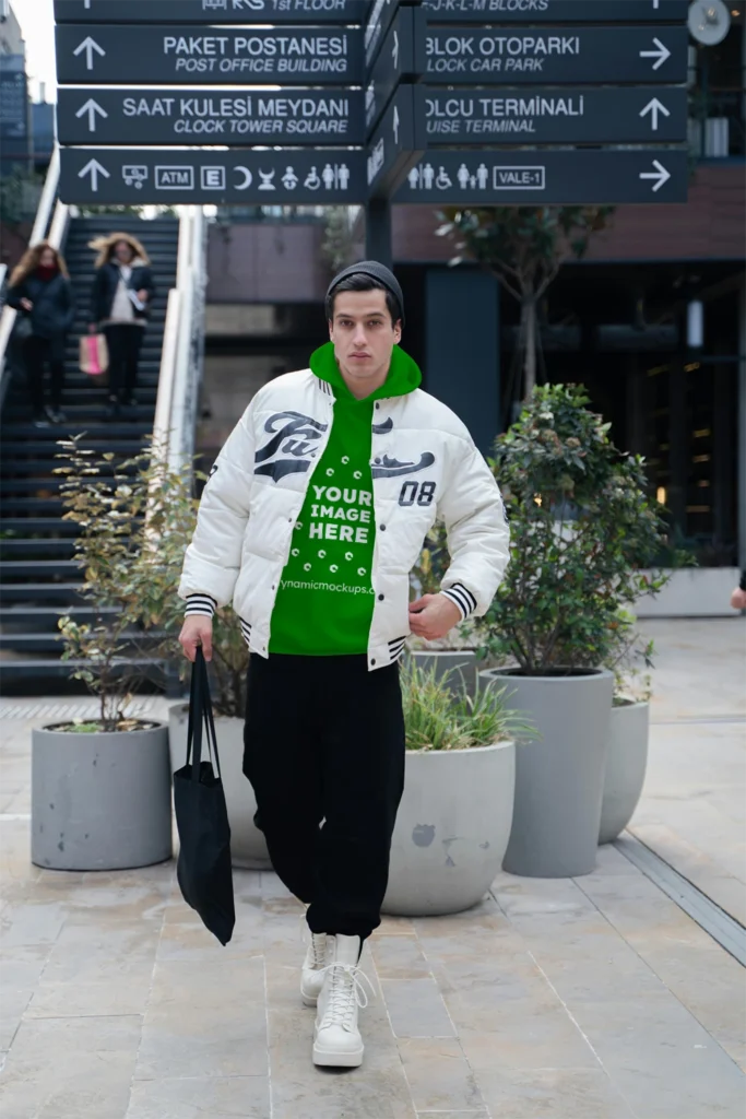 Man Wearing Green Hoodie Mockup Front View Template