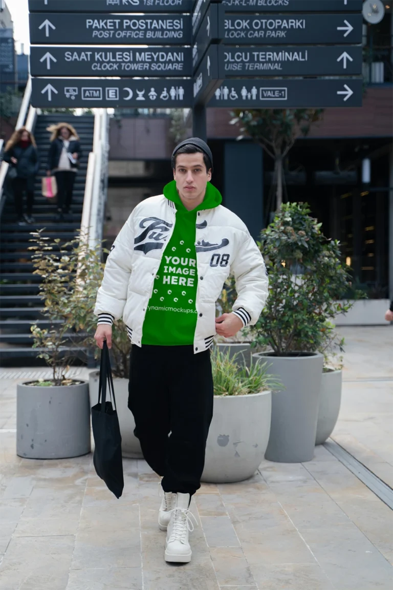 Man Wearing Green Hoodie Mockup Front View Template