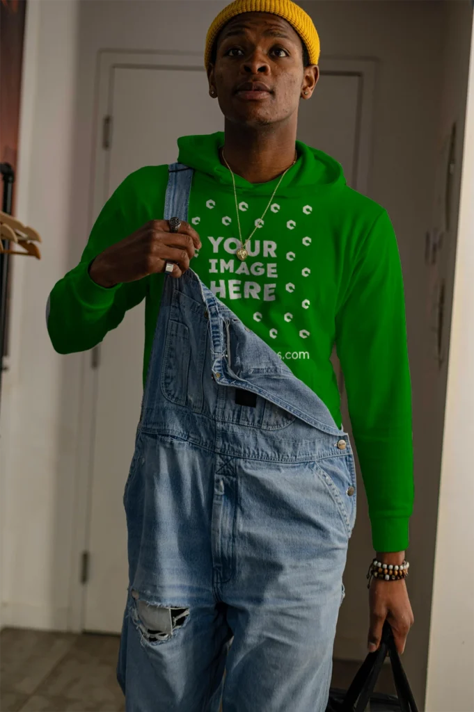 Man Wearing Green Hoodie Mockup Front View Template