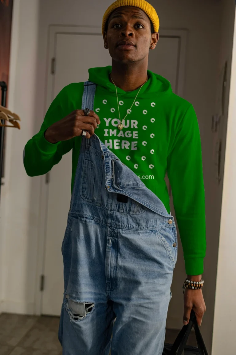 Man Wearing Green Hoodie Mockup Front View Template