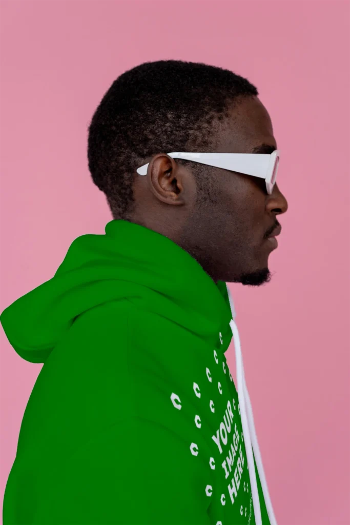Man Wearing Green Hoodie Mockup Side View Template