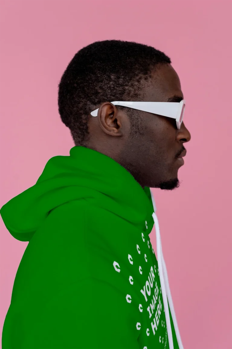 Man Wearing Green Hoodie Mockup Side View Template