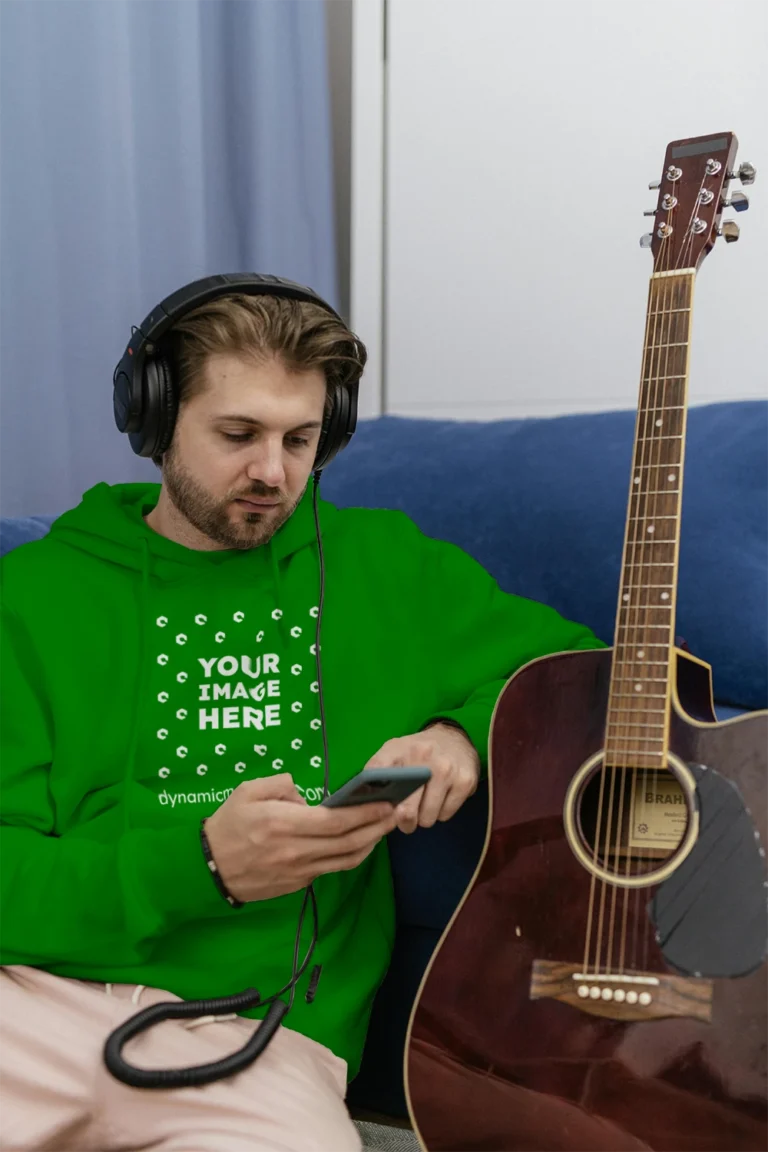Man Wearing Green Hoodie Mockup Front View Template