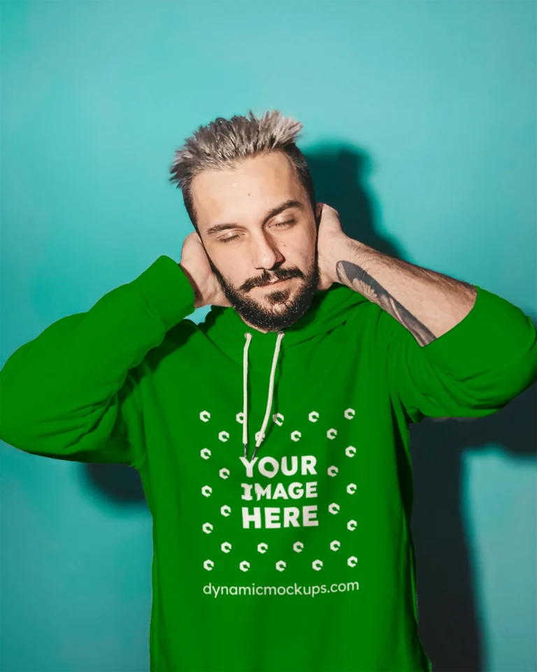 Man Wearing Green Hoodie Mockup Front View Template