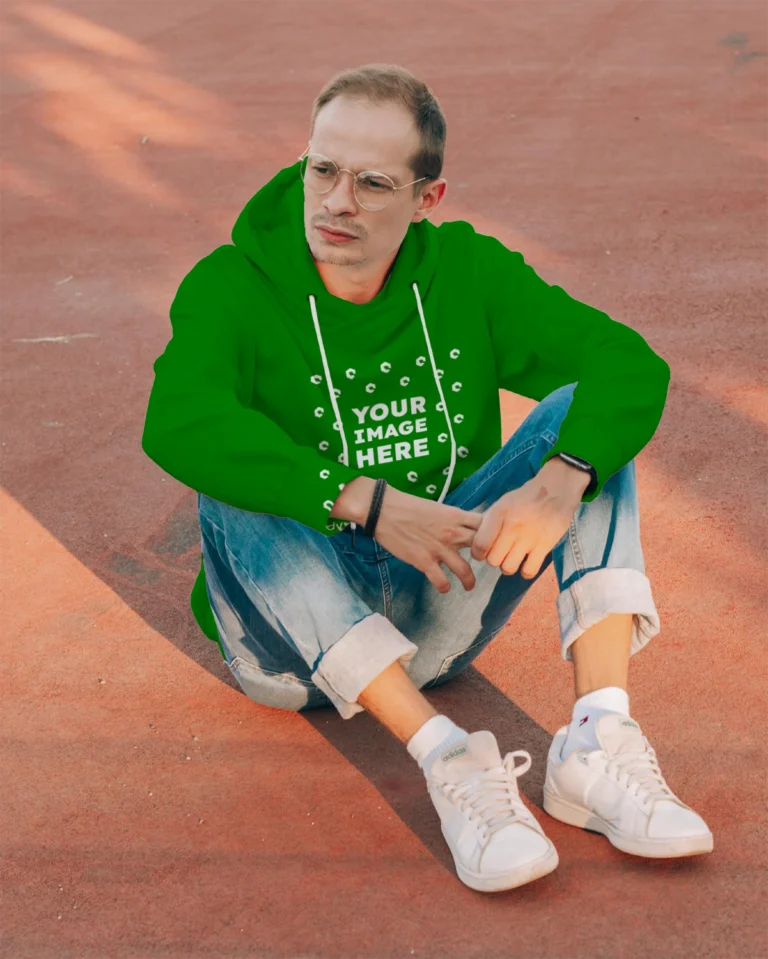 Man Wearing Green Hoodie Mockup Front View Template