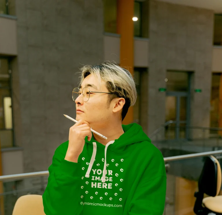 Man Wearing Green Hoodie Mockup Front View Template