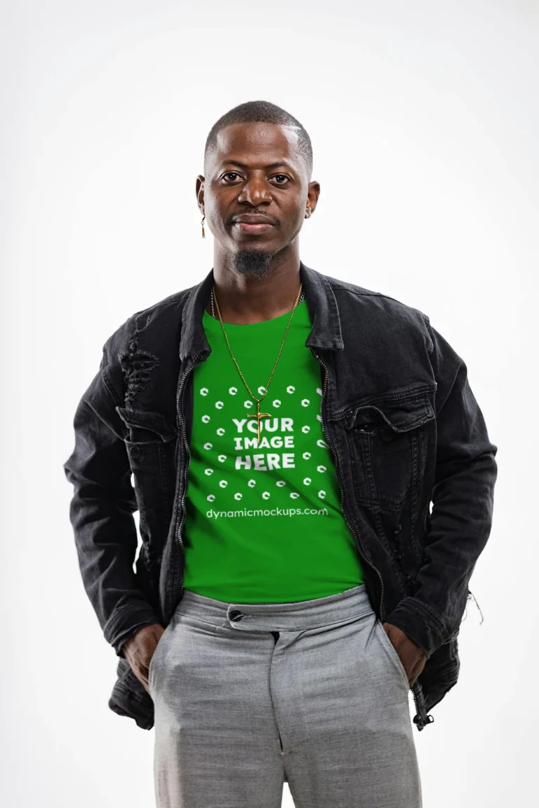 Man Wearing Green T-shirt Mockup Front View Template