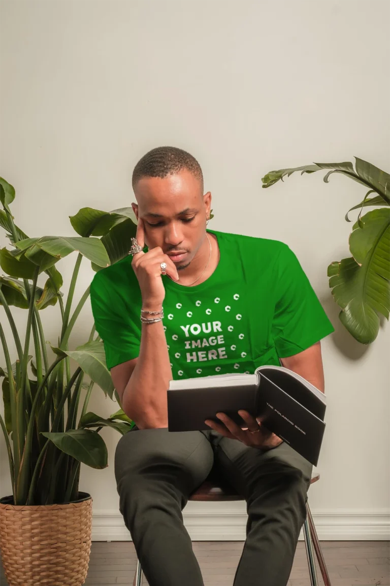 Man Wearing Green T-shirt Mockup Front View Template