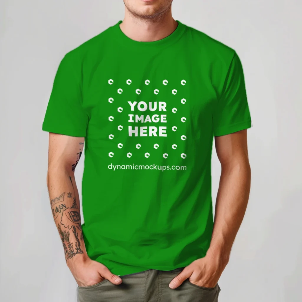 Man Wearing Green T-shirt Mockup Front View Template