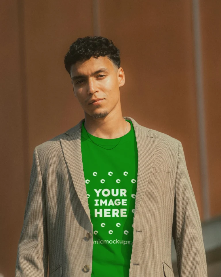 Man Wearing Green T-shirt Mockup Front View Template