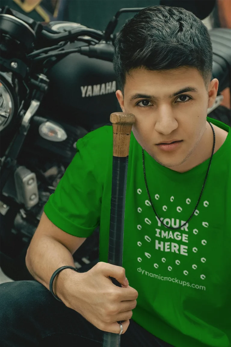 Man Wearing Green T-shirt Mockup Front View Template