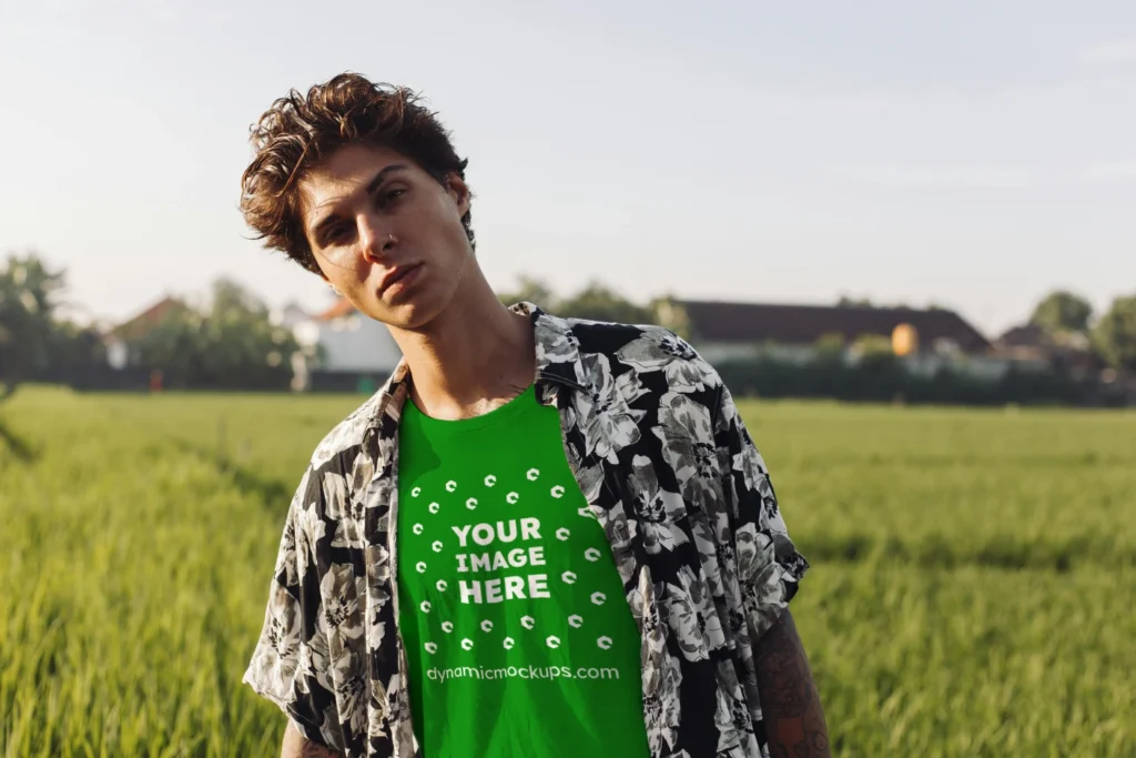 Man Wearing Green T-shirt Mockup Front View Template
