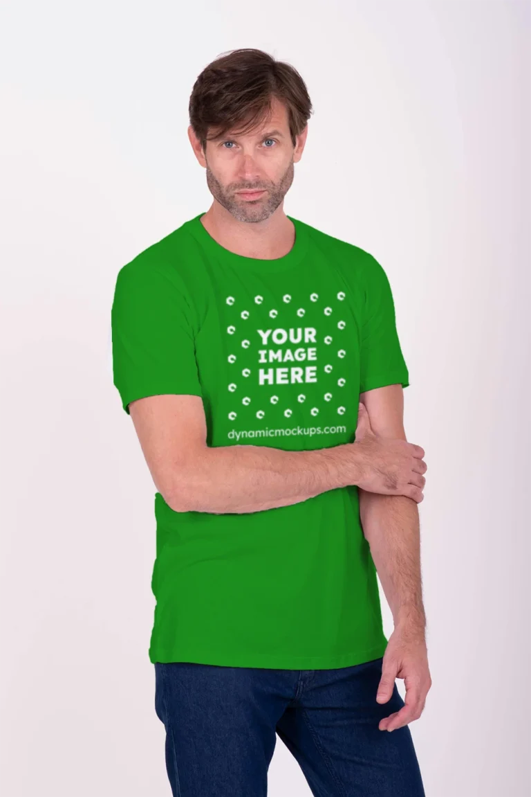 Man Wearing Green T-shirt Mockup Front View Template