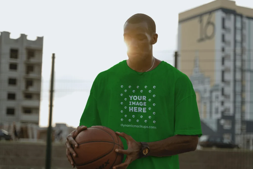 Man Wearing Green T-shirt Mockup Front View Template