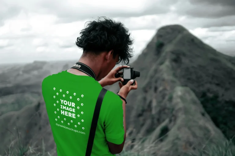 Man Wearing Green T-shirt Mockup Back View Template