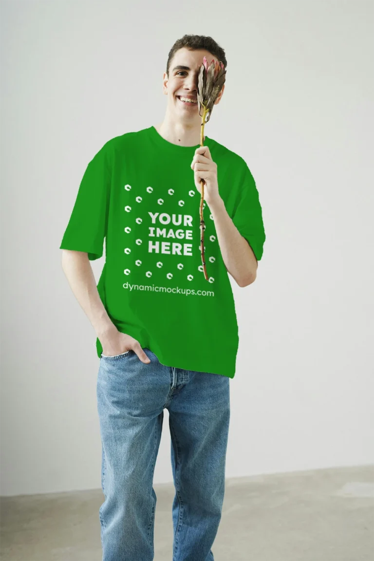 Man Wearing Green T-shirt Mockup Front View Template