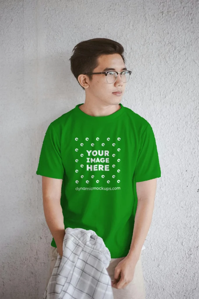 Man Wearing Green T-shirt Mockup Front View Template