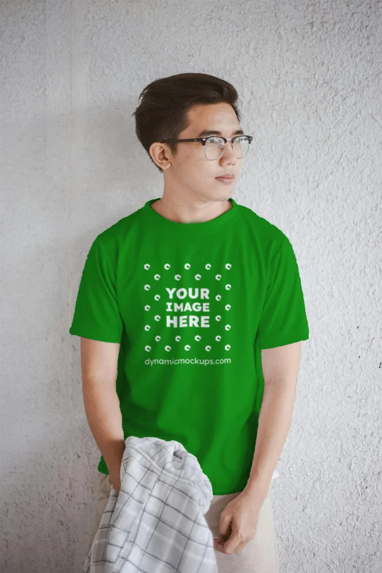 Man Wearing Green T-shirt Mockup Front View Template