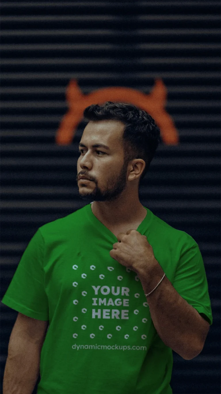 Man Wearing Green T-shirt Mockup Front View Template