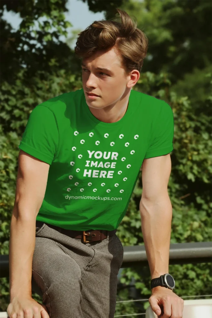 Man Wearing Green T-shirt Mockup Front View Template